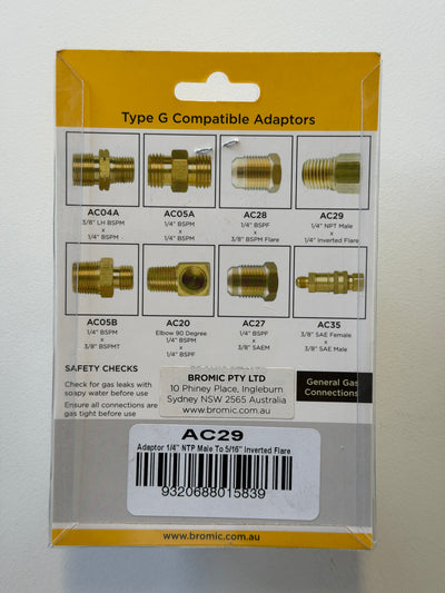 [GSA1003] Bromic Gas Adaptor Type G AC29 (1/4" NPT Male to 5/16" Inverted Flare)